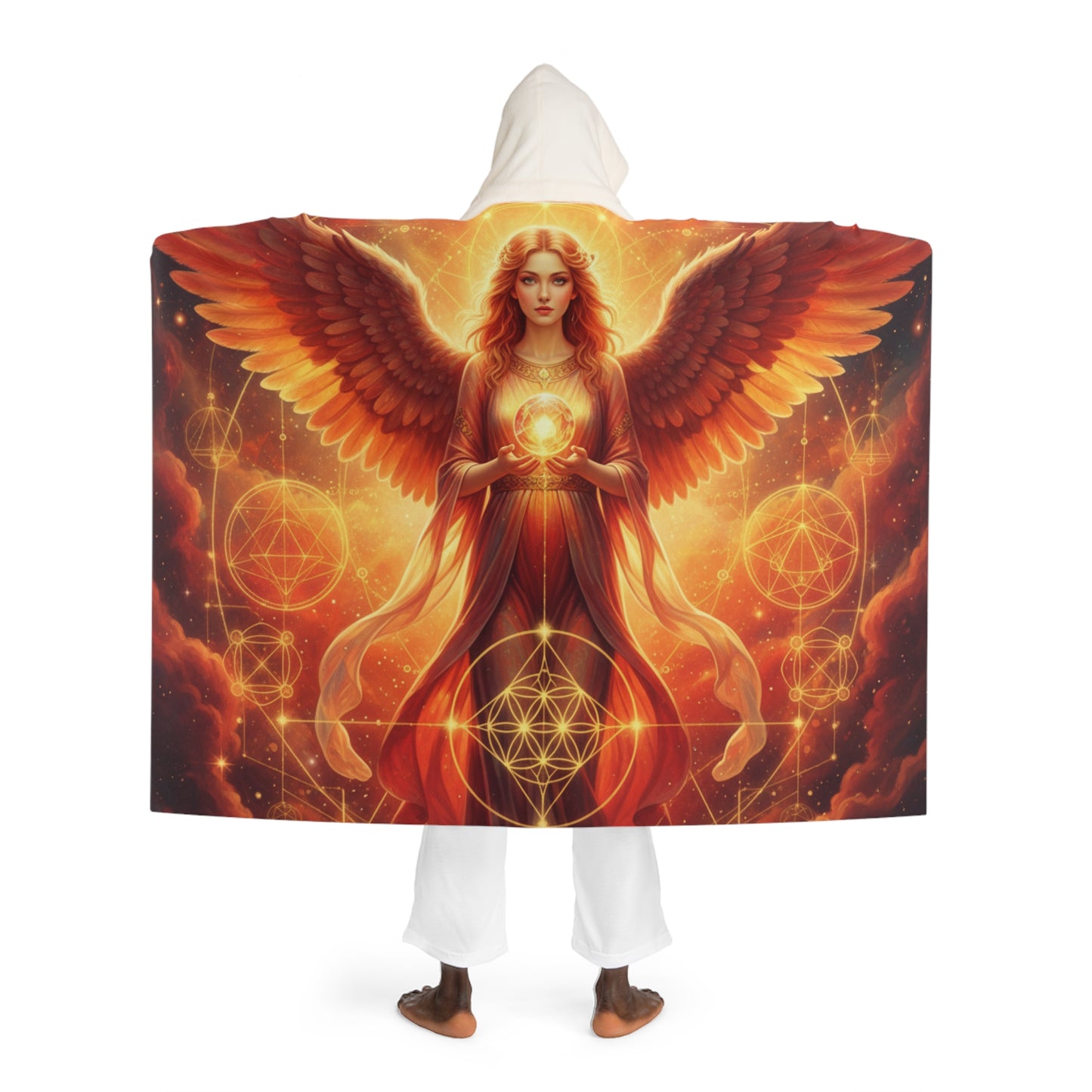 Fiery Archangel Hooded Sherpa Blanket | Red Gold Sacred Geometry Wearable | Solar Celestial Fleece Cloak | Divine Warrior Spiritual Gift