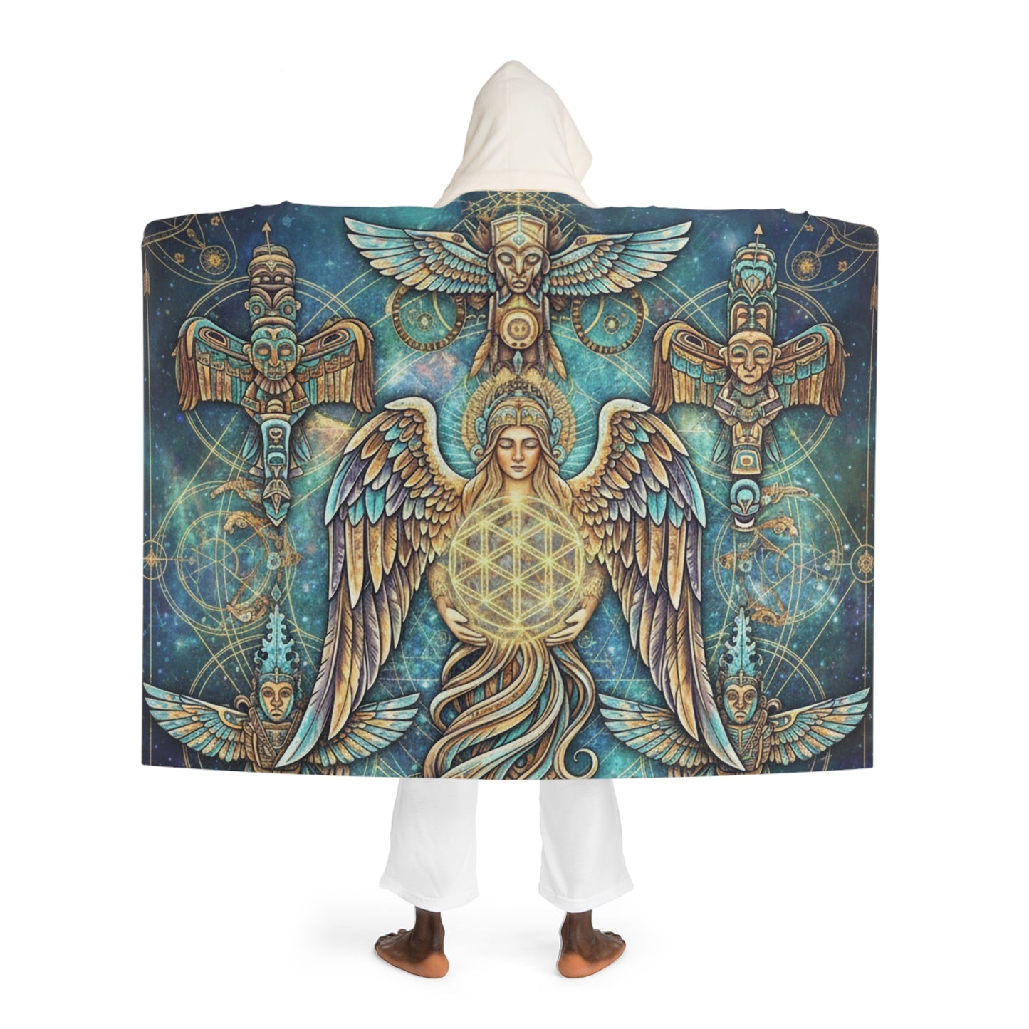 Celestial Totem Angel Hooded Sherpa Blanket | Sacred Geometry Flower of Life Wearable | Intricate Native Art Fleece Cloak | Spiritual Gift