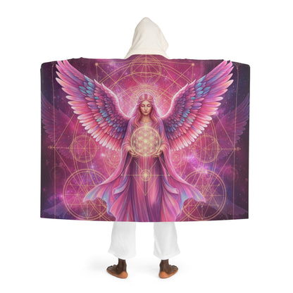 Pink Cosmic Angel Hooded Sherpa Blanket | Sacred Geometry Flower of Life Throw | Realistic Celestial Goddess Fleece Cloak | Spiritual Gift