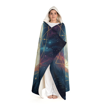 Moon Wolf Spirit Hooded Sherpa Blanket | Sacred Geometry Celestial Wearable Throw | Intricate Totem Fleece | Mystical Forest Nature Gift