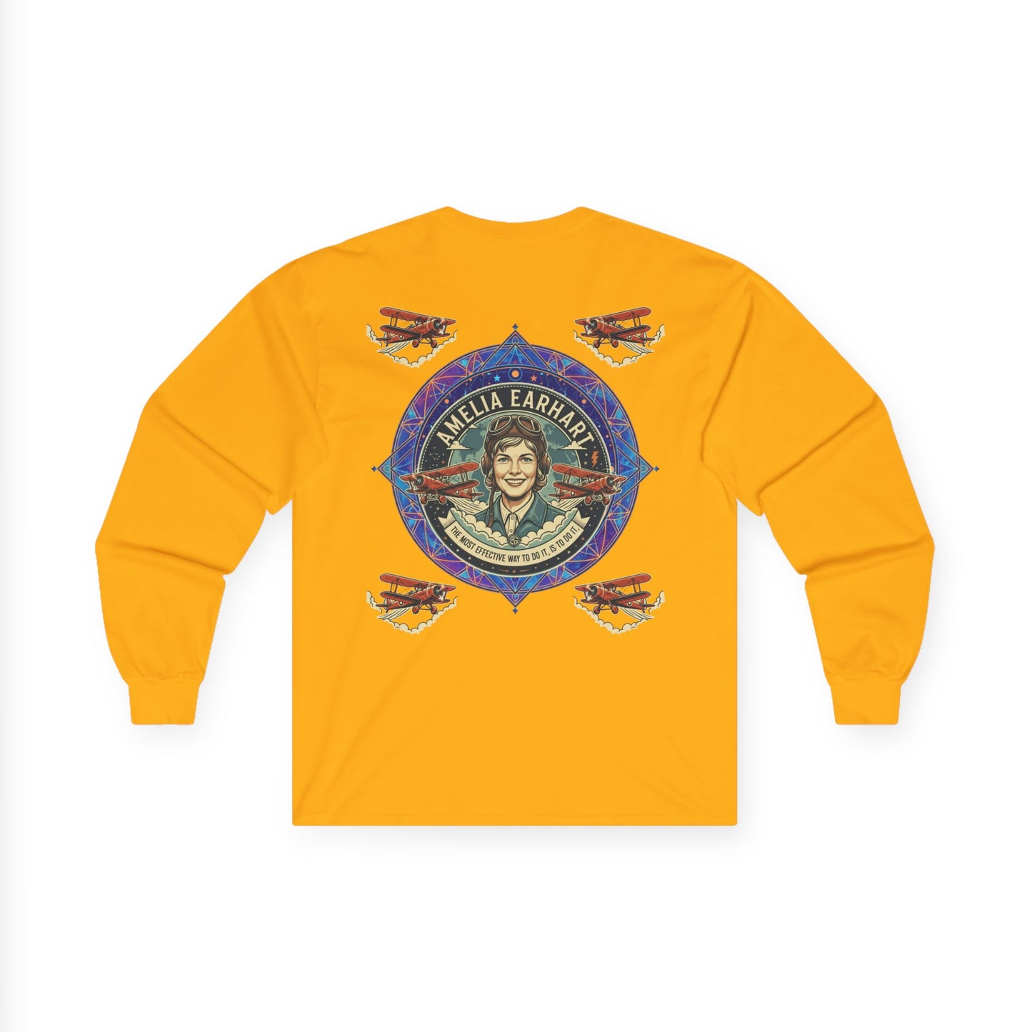 Amelia Earhart Portrait Long Sleeve Tee | Vintage Biplane Aviation Badge