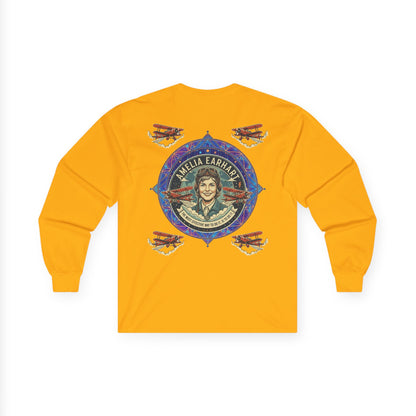 Amelia Earhart Portrait Long Sleeve Tee | Vintage Biplane Aviation Badge