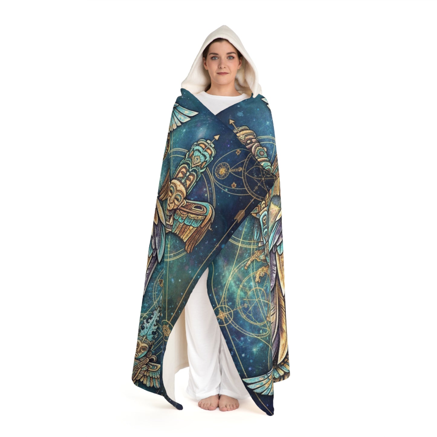 Celestial Totem Angel Hooded Sherpa Blanket | Sacred Geometry Flower of Life Wearable  | Intricate Native Art Fleece Cloak | Spiritual Gift