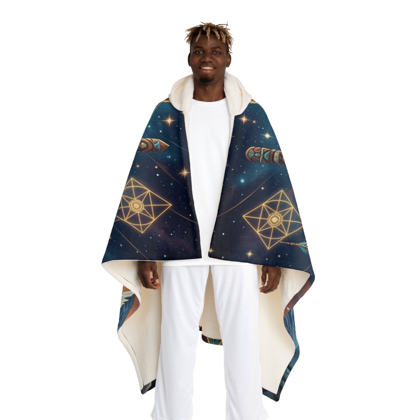 Spirit Bear Hooded Sherpa Blanket | Sacred Geometry Native Art Wearable Throw | Cosmic Totem Grizzly Fleece Cloak | Wilderness Nature Gift