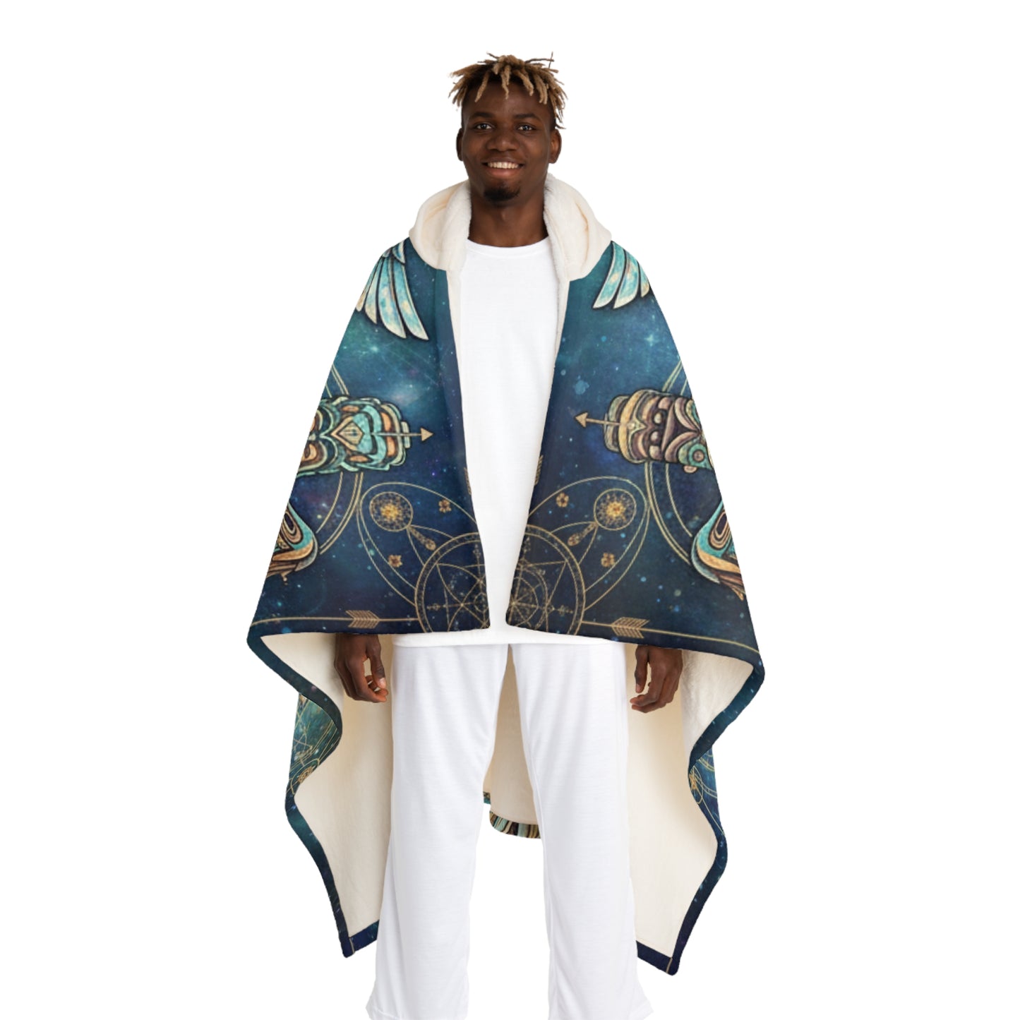 Celestial Totem Angel Hooded Sherpa Blanket | Sacred Geometry Flower of Life Wearable  | Intricate Native Art Fleece Cloak | Spiritual Gift