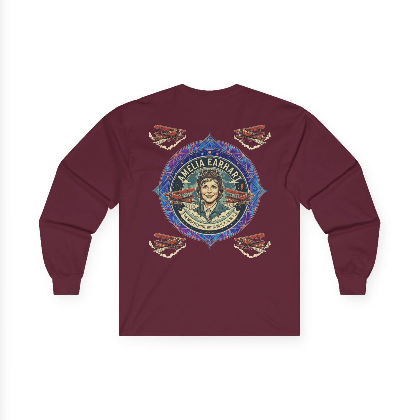 Amelia Earhart Portrait Long Sleeve Tee | Vintage Biplane Aviation Badge
