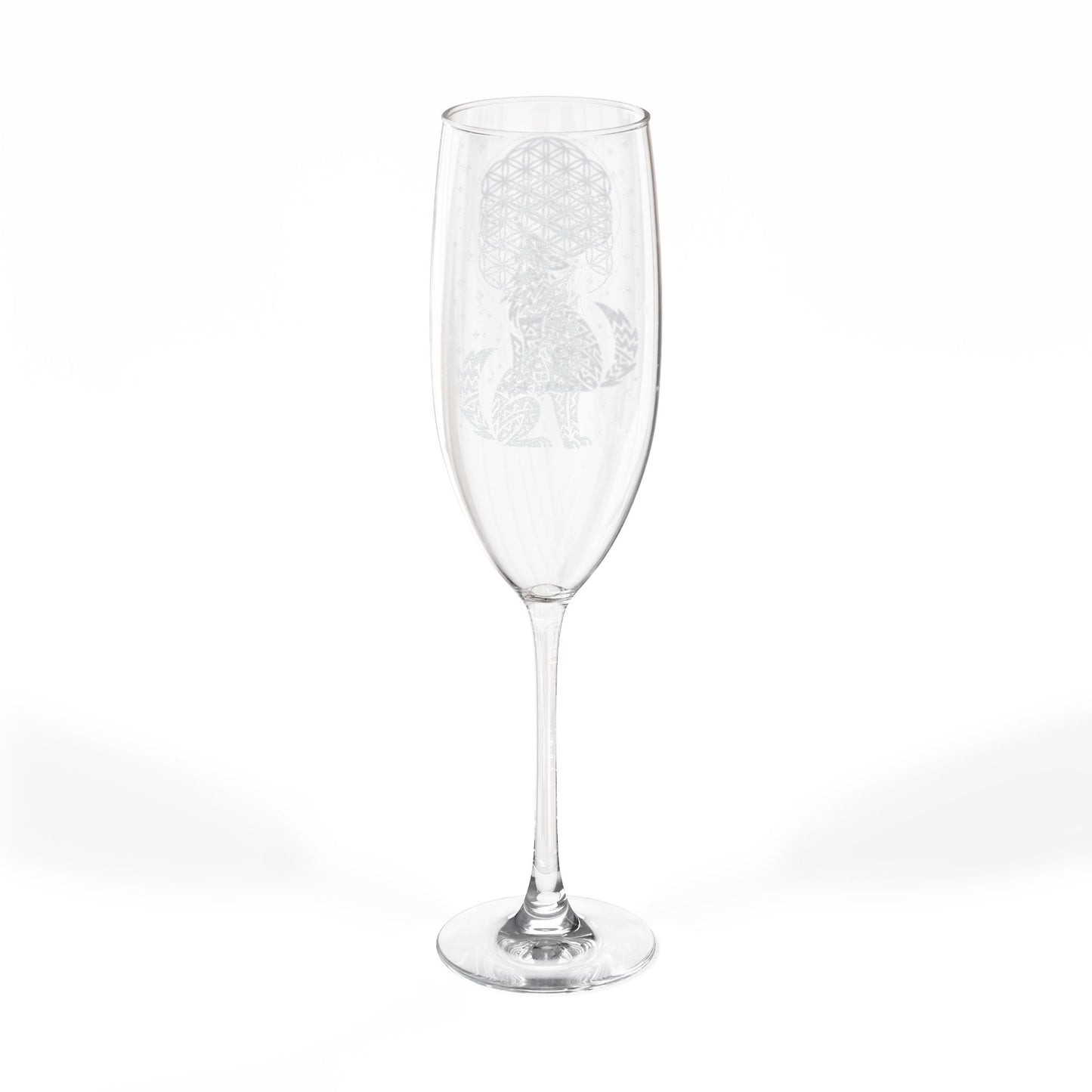 Celestial Coyote Champagne Glass | 8oz Engraved Flute, Conscious Living, Sacred Geometry, Native Art