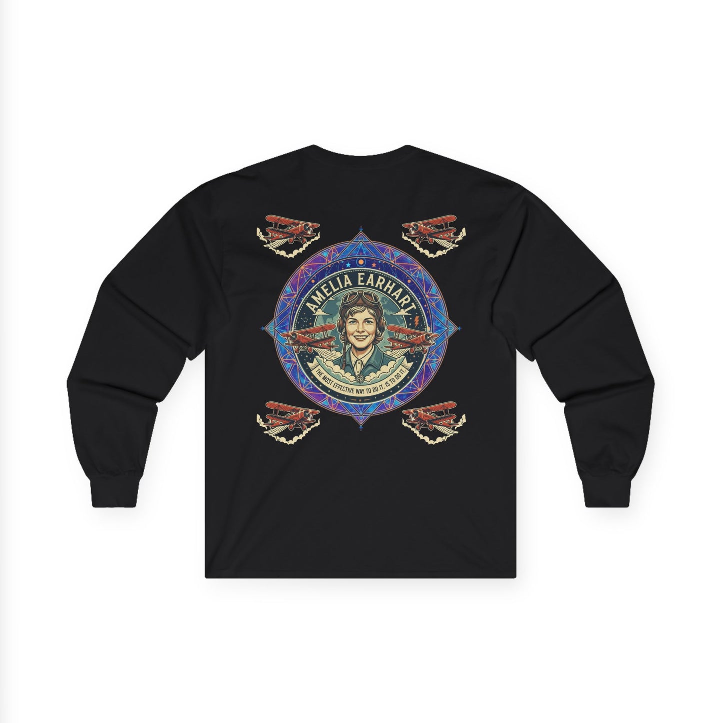 Amelia Earhart Portrait Long Sleeve Tee | Vintage Biplane Aviation Badge
