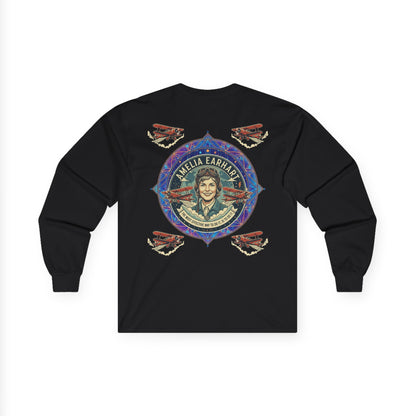 Amelia Earhart Portrait Long Sleeve Tee | Vintage Biplane Aviation Badge