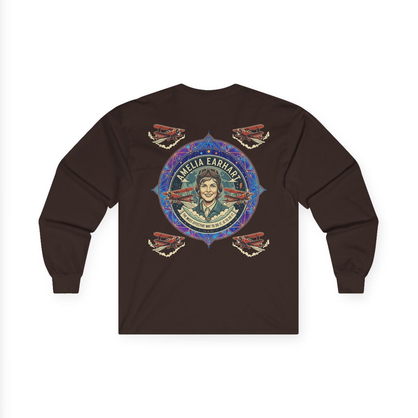 Amelia Earhart Portrait Long Sleeve Tee | Vintage Biplane Aviation Badge