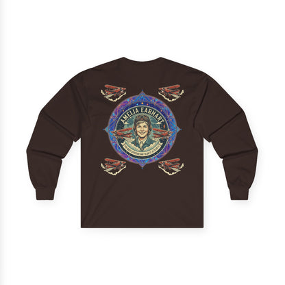 Amelia Earhart Portrait Long Sleeve Tee | Vintage Biplane Aviation Badge