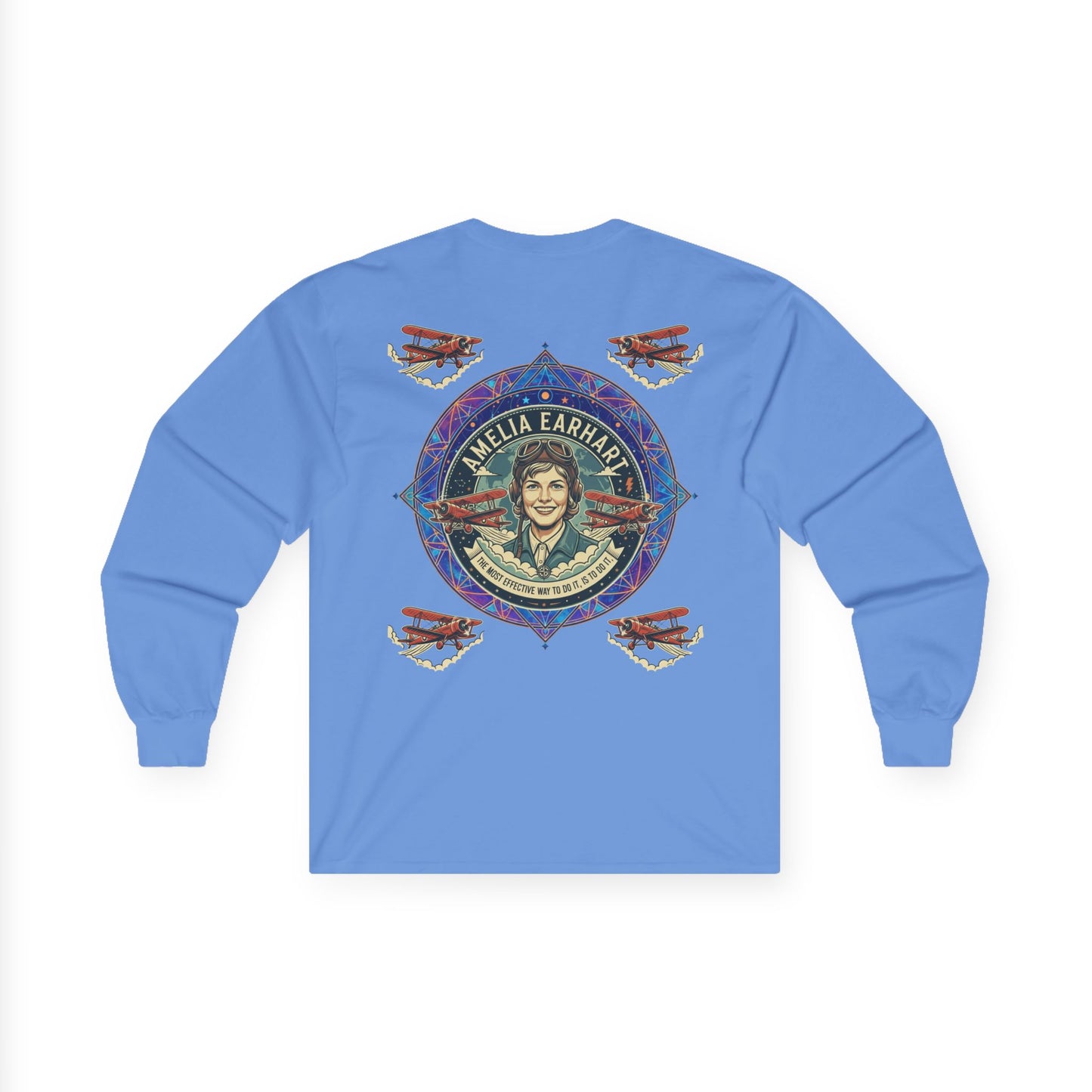 Amelia Earhart Portrait Long Sleeve Tee | Vintage Biplane Aviation Badge