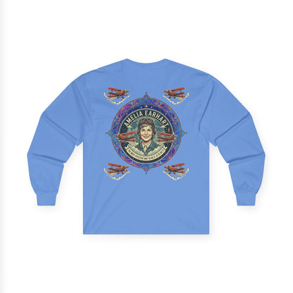 Amelia Earhart Portrait Long Sleeve Tee | Vintage Biplane Aviation Badge