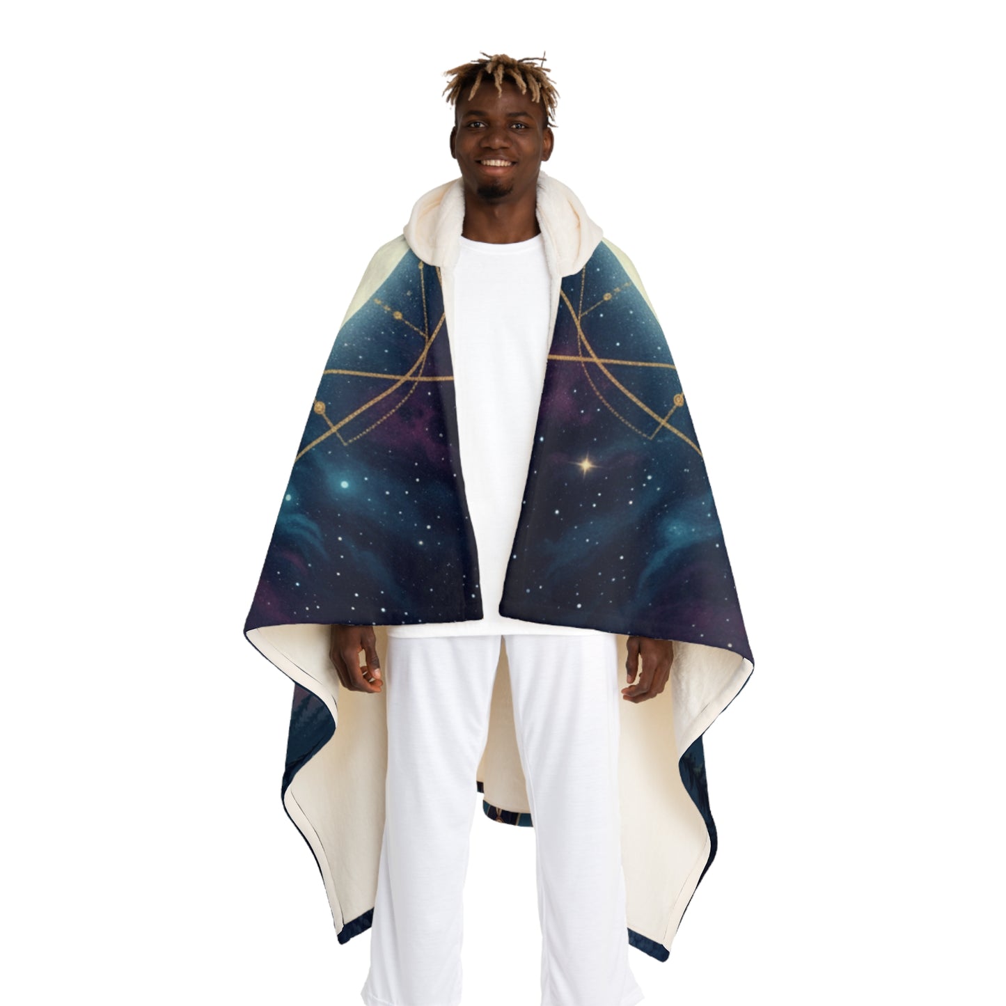 Moon Wolf Spirit Hooded Sherpa Blanket | Sacred Geometry Celestial Wearable Throw | Intricate Totem Fleece | Mystical Forest Nature Gift