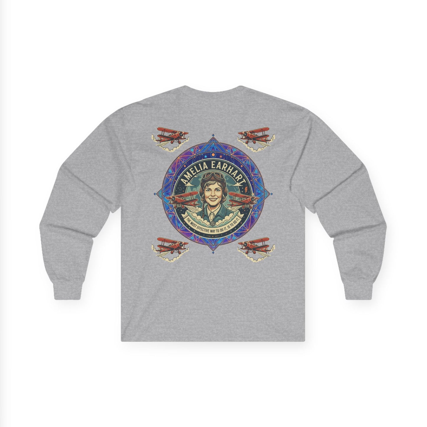 Amelia Earhart Portrait Long Sleeve Tee | Vintage Biplane Aviation Badge