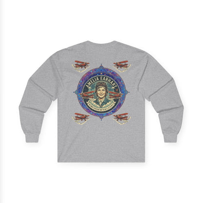 Amelia Earhart Portrait Long Sleeve Tee | Vintage Biplane Aviation Badge