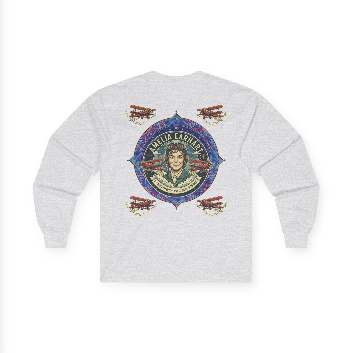 Amelia Earhart Portrait Long Sleeve Tee | Vintage Biplane Aviation Badge