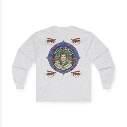 Amelia Earhart Portrait Long Sleeve Tee | Vintage Biplane Aviation Badge