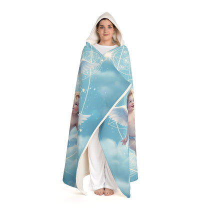 Heavenly Cherubs Hooded Sherpa Blanket | Light Blue Sacred Geometry Wearable Throw | Angelic Cupid Fleece Cloak | Angel Cherub Halo Gift
