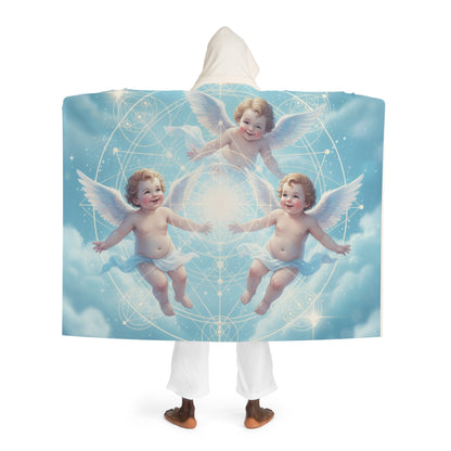 Heavenly Cherubs Hooded Sherpa Blanket | Light Blue Sacred Geometry Wearable Throw | Angelic Cupid Fleece Cloak | Angel Cherub Halo Gift