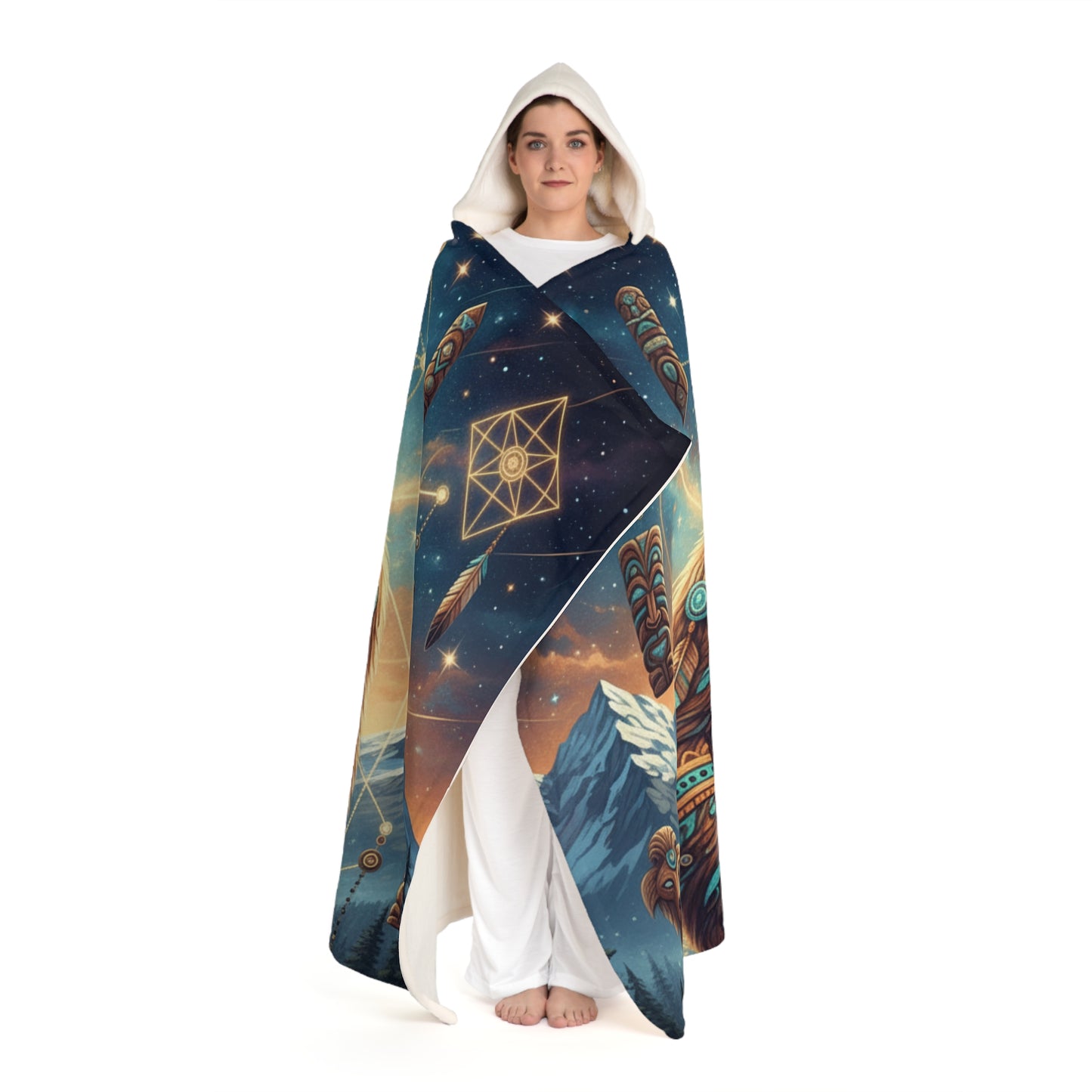 Spirit Bear Hooded Sherpa Blanket | Sacred Geometry Native Art Wearable Throw | Cosmic Totem Grizzly Fleece Cloak | Wilderness Nature Gift