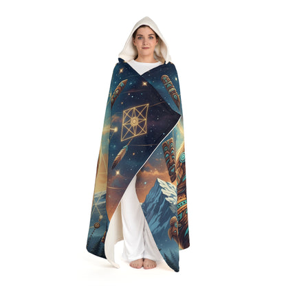 Spirit Bear Hooded Sherpa Blanket | Sacred Geometry Native Art Wearable Throw | Cosmic Totem Grizzly Fleece Cloak | Wilderness Nature Gift