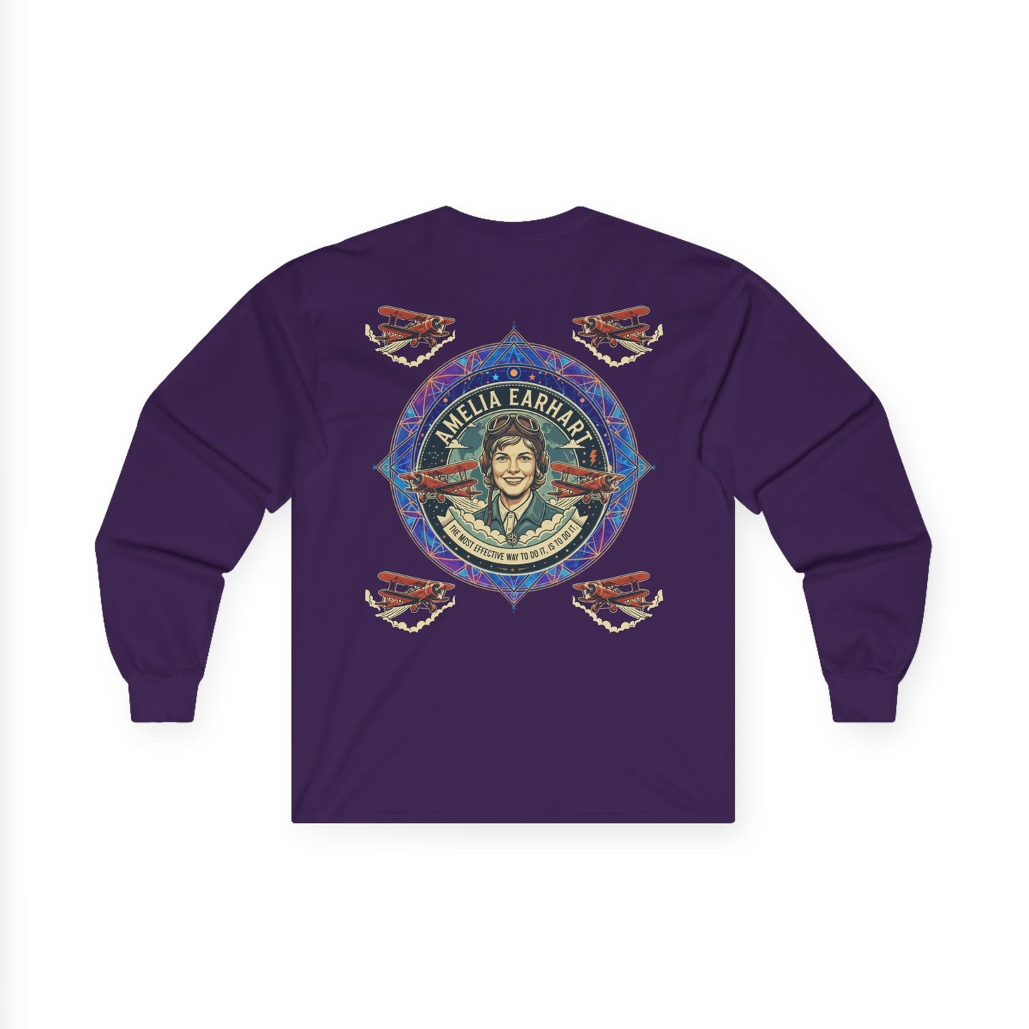 Amelia Earhart Portrait Long Sleeve Tee | Vintage Biplane Aviation Badge