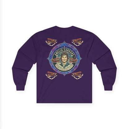 Amelia Earhart Portrait Long Sleeve Tee | Vintage Biplane Aviation Badge
