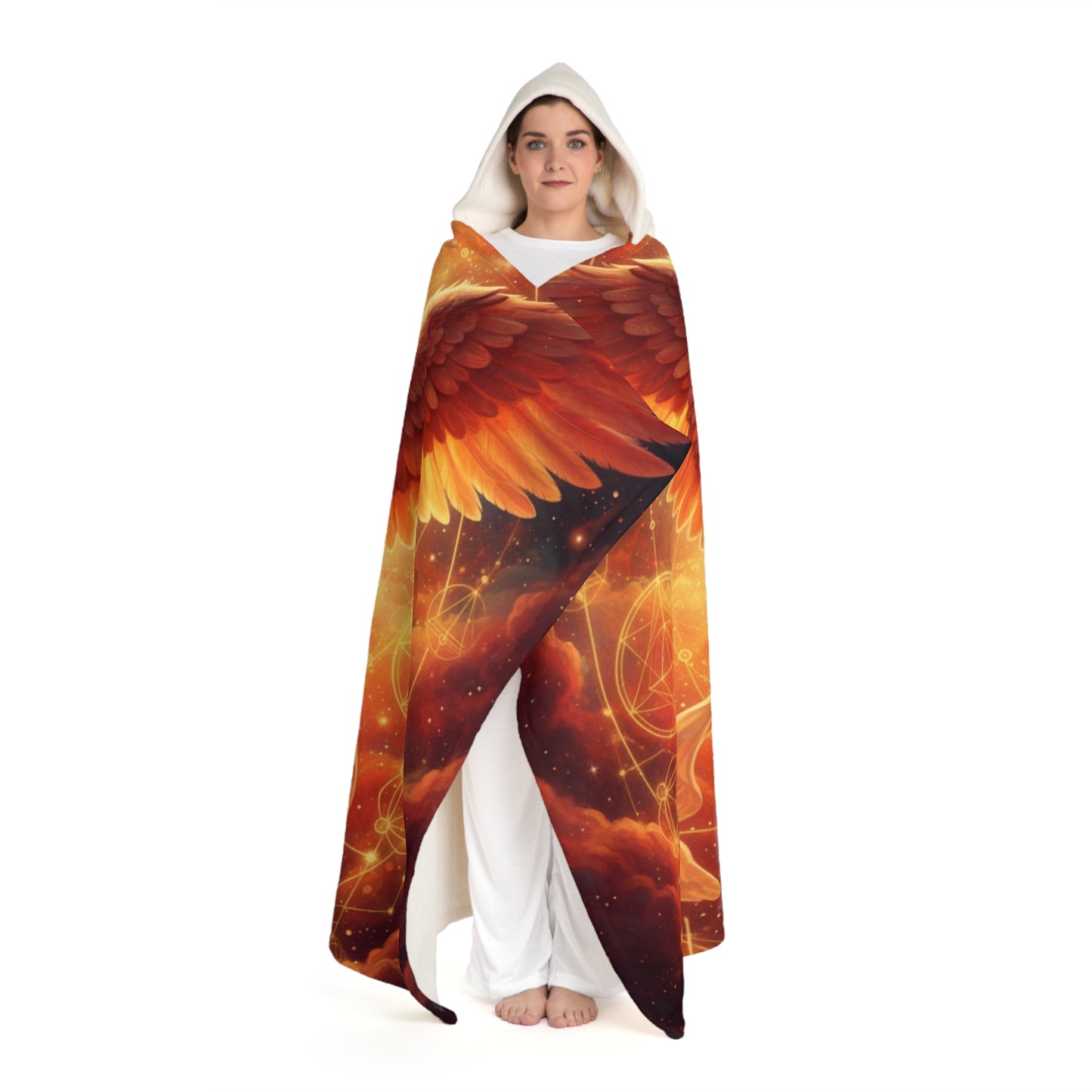 Fiery Archangel Hooded Sherpa Blanket | Red Gold Sacred Geometry Wearable | Solar Celestial Fleece Cloak | Divine Warrior Spiritual Gift