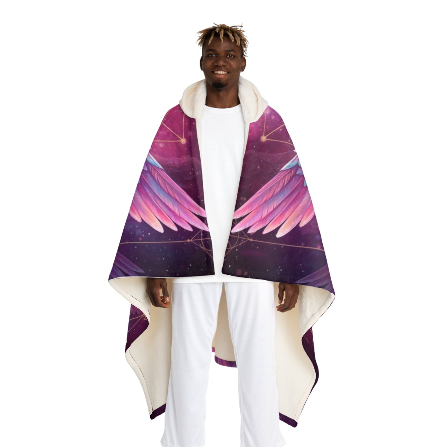 Pink Cosmic Angel Hooded Sherpa Blanket | Sacred Geometry Flower of Life Throw | Realistic Celestial Goddess Fleece Cloak | Spiritual Gift