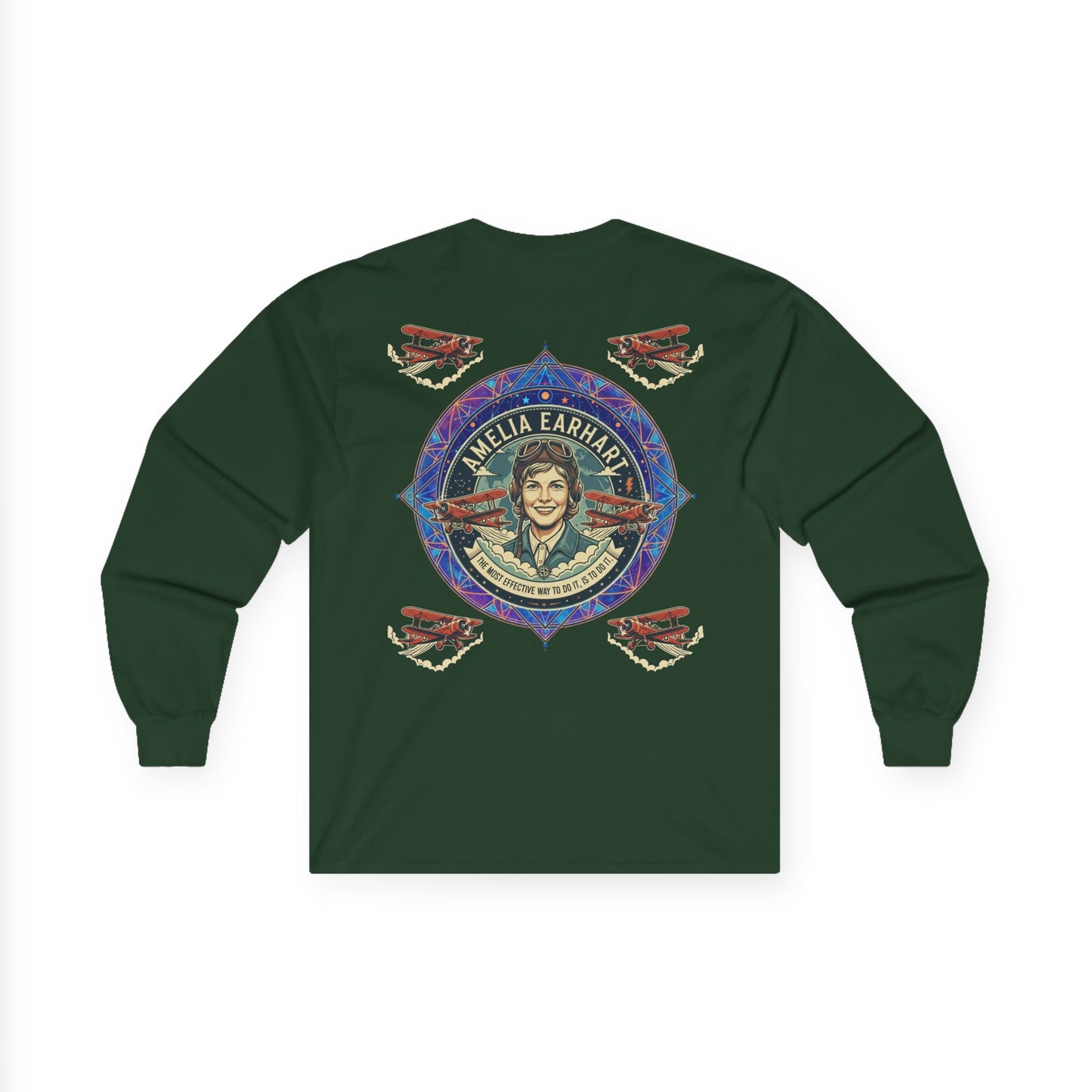Amelia Earhart Portrait Long Sleeve Tee | Vintage Biplane Aviation Badge