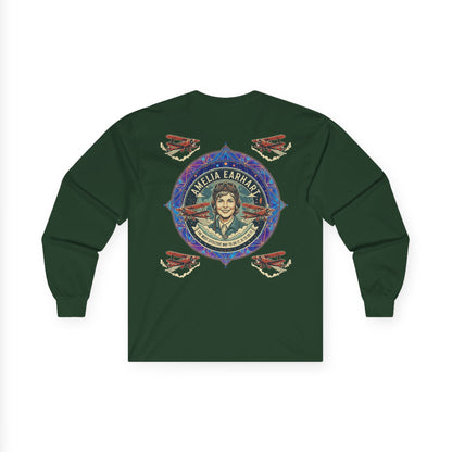 Amelia Earhart Portrait Long Sleeve Tee | Vintage Biplane Aviation Badge