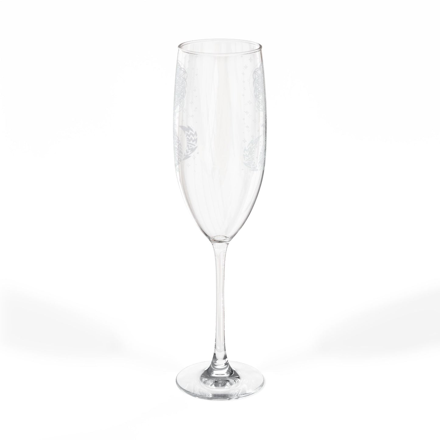 Celestial Coyote Champagne Glass | 8oz Engraved Flute, Conscious Living, Sacred Geometry, Native Art