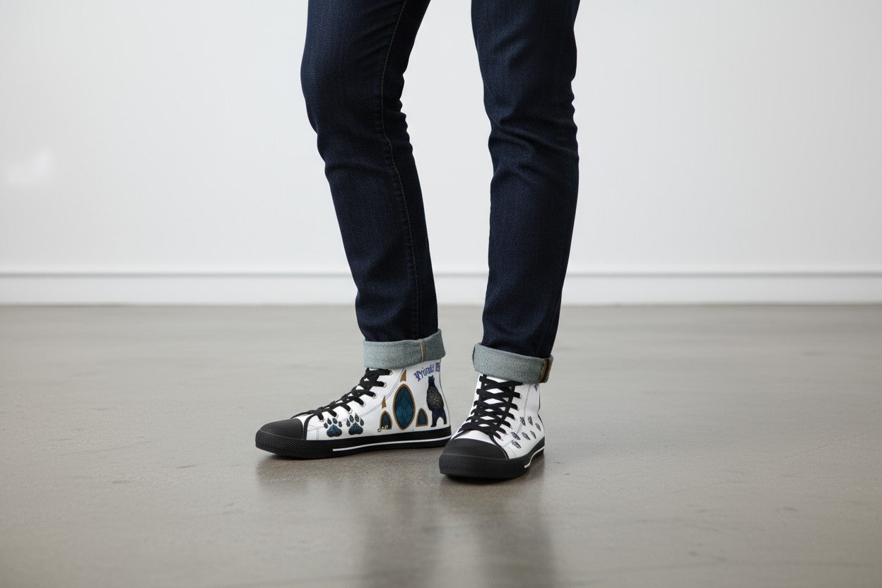 Mountain Spirit Paw Print High-Top Sneakers, Wolf Journey Tribal Art Shoes,  Men's/Women's Stained Glass Geometric Footwear,  Nature & Adventure Gift