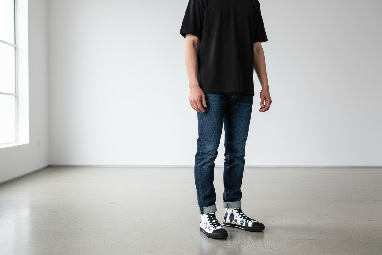 Mountain Spirit Paw Print High-Top Sneakers, Wolf Journey Tribal Art Shoes,  Men's/Women's Stained Glass Geometric Footwear,  Nature & Adventure Gift