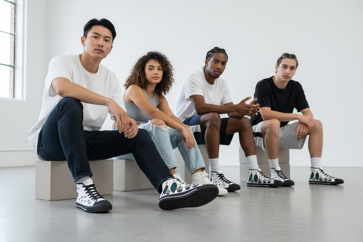 Mountain Spirit Paw Print High-Top Sneakers, Wolf Journey Tribal Art Shoes,  Men's/Women's Stained Glass Geometric Footwear,  Nature & Adventure Gift