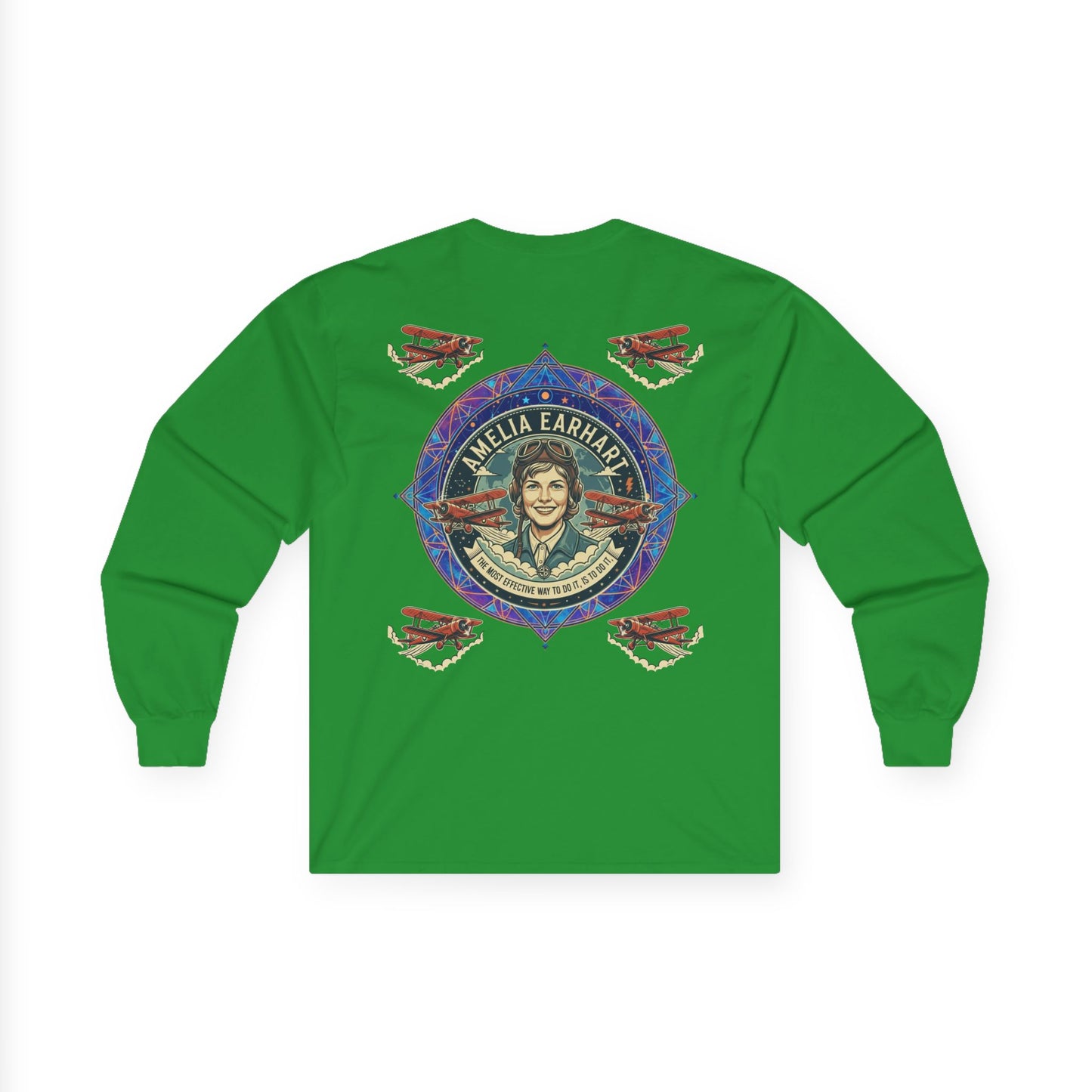 Amelia Earhart Portrait Long Sleeve Tee | Vintage Biplane Aviation Badge