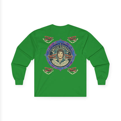 Amelia Earhart Portrait Long Sleeve Tee | Vintage Biplane Aviation Badge