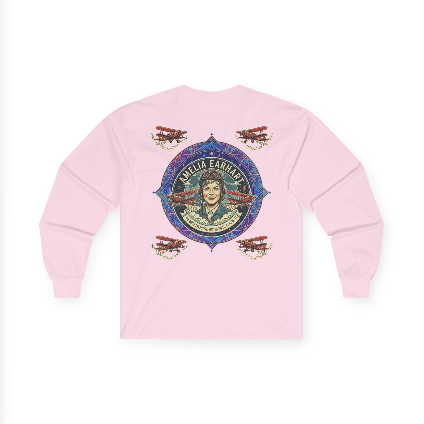 Amelia Earhart Portrait Long Sleeve Tee | Vintage Biplane Aviation Badge
