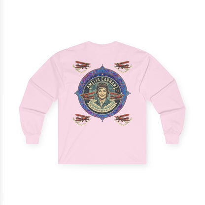 Amelia Earhart Portrait Long Sleeve Tee | Vintage Biplane Aviation Badge