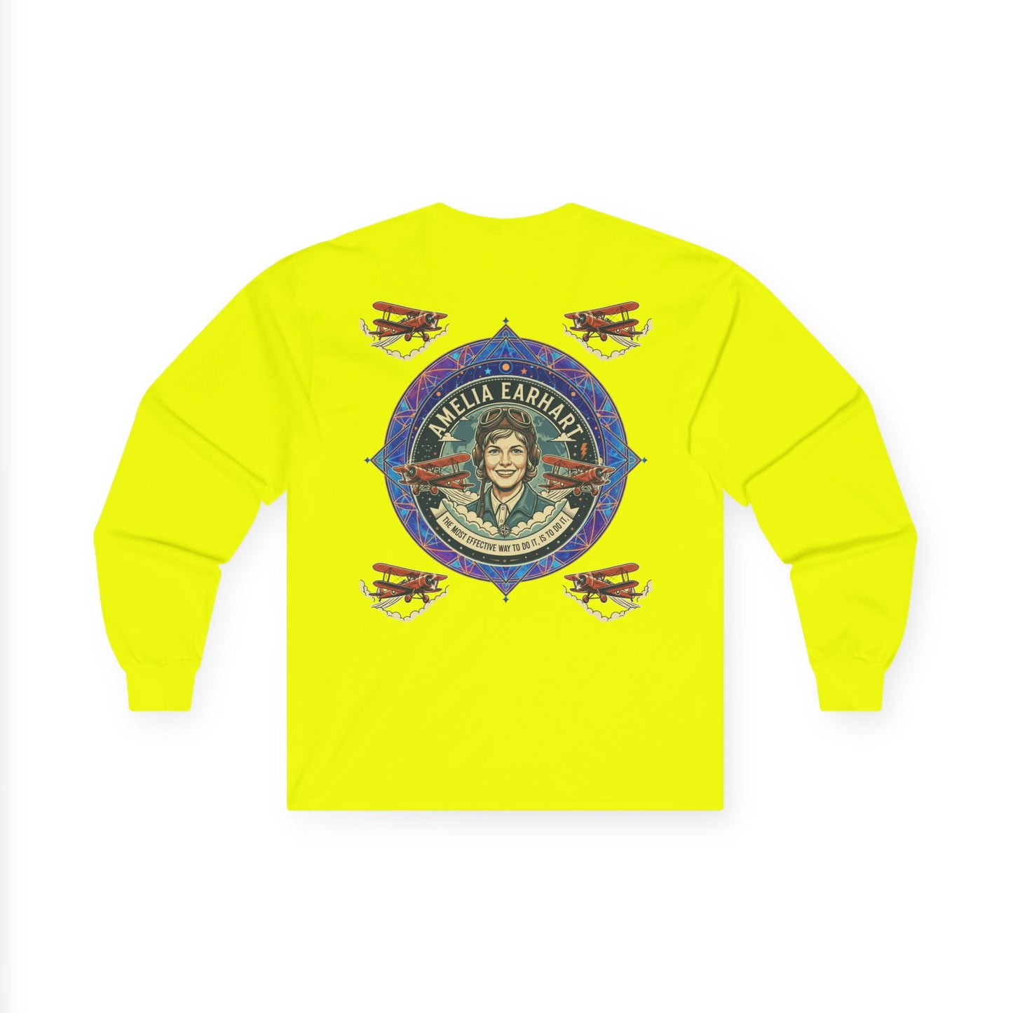 Amelia Earhart Portrait Long Sleeve Tee | Vintage Biplane Aviation Badge
