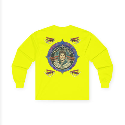 Amelia Earhart Portrait Long Sleeve Tee | Vintage Biplane Aviation Badge