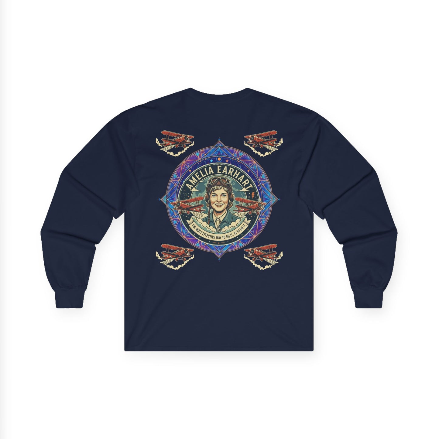 Amelia Earhart Portrait Long Sleeve Tee | Vintage Biplane Aviation Badge