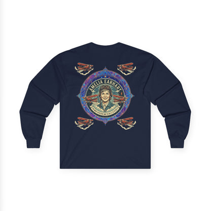 Amelia Earhart Portrait Long Sleeve Tee | Vintage Biplane Aviation Badge