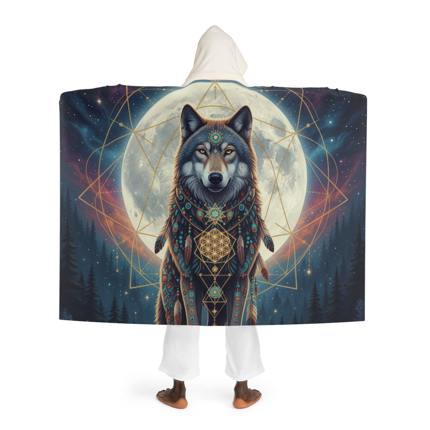 Moon Wolf Spirit Hooded Sherpa Blanket | Sacred Geometry Celestial Wearable Throw | Intricate Totem Fleece | Mystical Forest Nature Gift