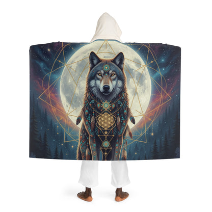 Moon Wolf Spirit Hooded Sherpa Blanket | Sacred Geometry Celestial Wearable Throw | Intricate Totem Fleece | Mystical Forest Nature Gift