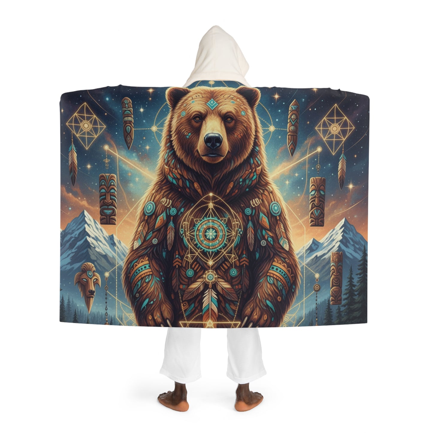Spirit Bear Hooded Sherpa Blanket | Sacred Geometry Native Art Wearable Throw | Cosmic Totem Grizzly Fleece Cloak | Wilderness Nature Gift