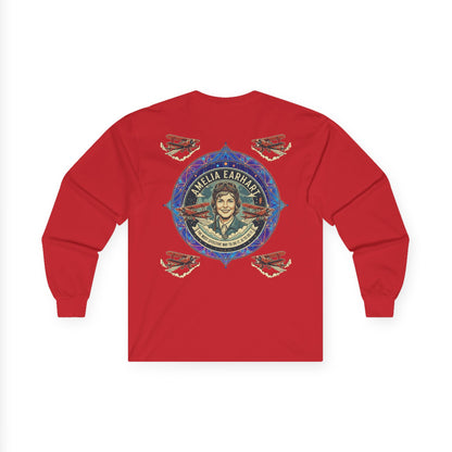 Amelia Earhart Portrait Long Sleeve Tee | Vintage Biplane Aviation Badge