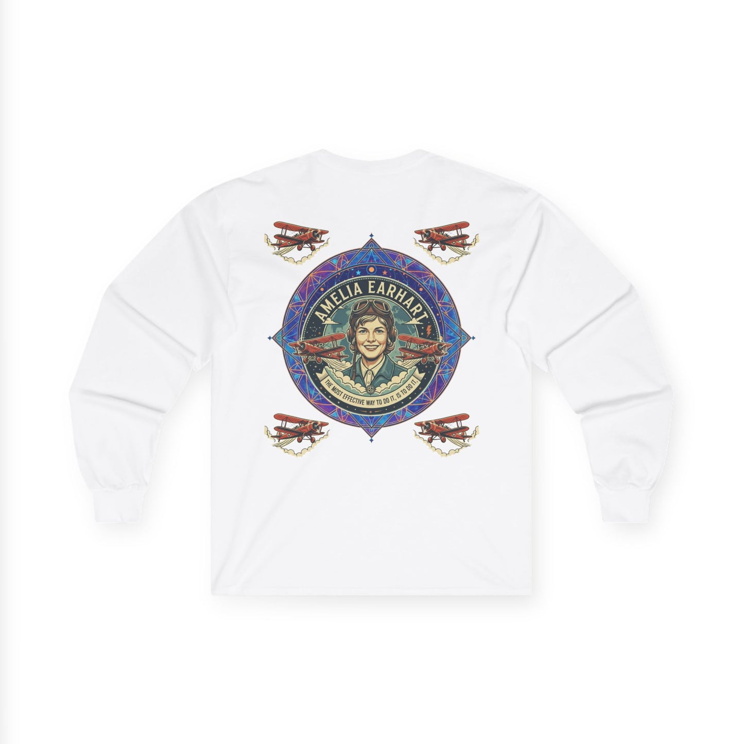 Amelia Earhart Portrait Long Sleeve Tee | Vintage Biplane Aviation Badge