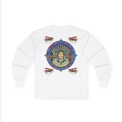 Amelia Earhart Portrait Long Sleeve Tee | Vintage Biplane Aviation Badge